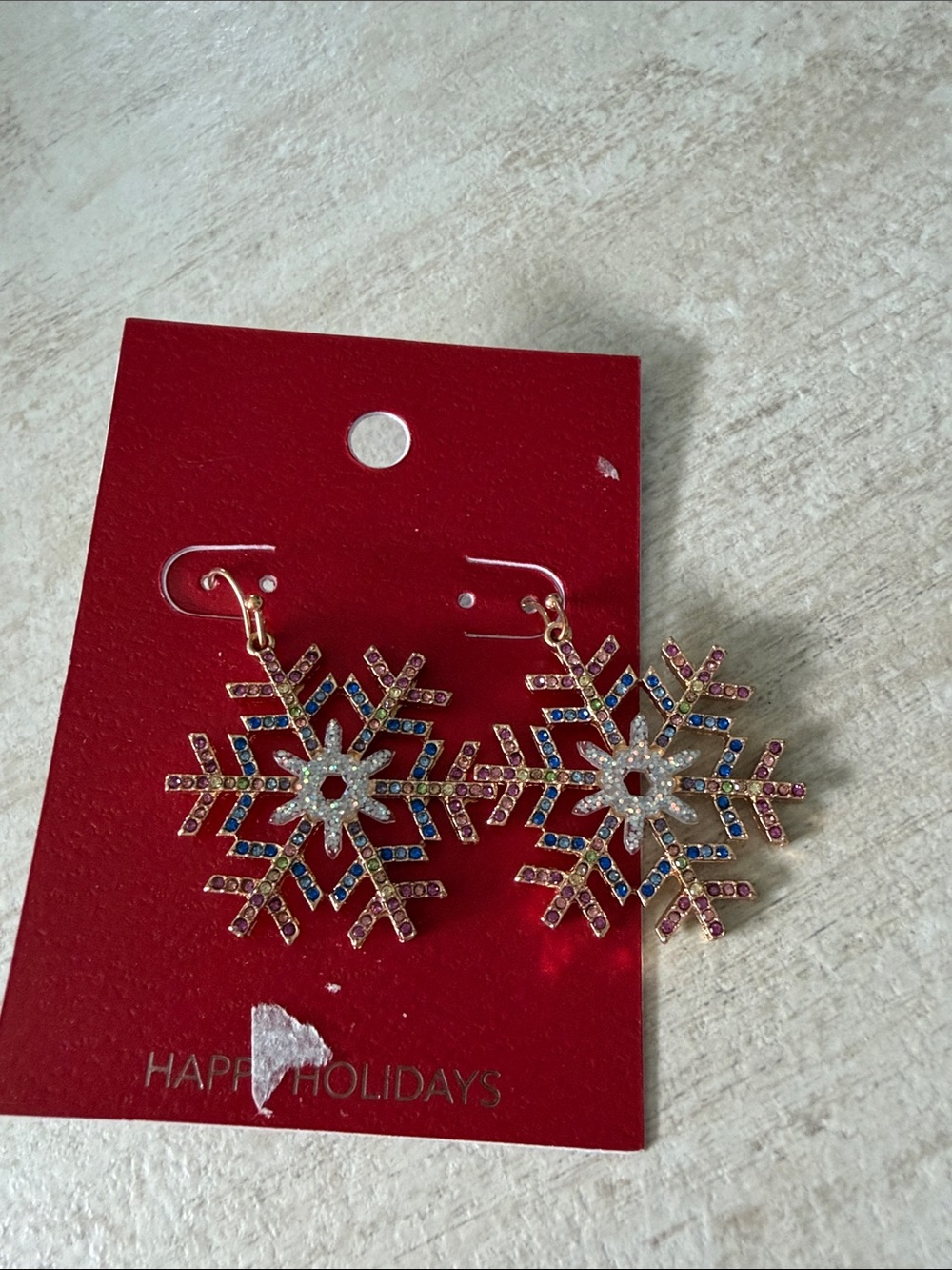 Holiday Snowflake Drop Earrings - Gold Tone with Blue and Clear Stones